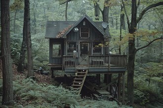 Quaint rustic cabin tucked away in the woods, featuring a balcony amongst the dense forest