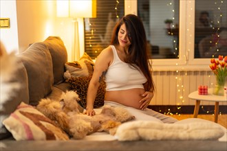 Pregnant happy woman caressing a dog sitting comfortable at home on the sofa at night