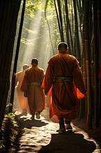 Shaolin disciples clad in traditional orange robes walk in a serpentine single file bamboo stalks,