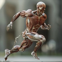 Model of a walking human with clearly visible muscles and skeletal parts, AI generated, AI