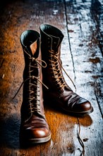 Well worn leather boots creased and scuffed narrative of adventure standing on expansive floor, AI