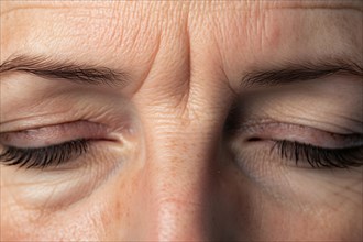 Close up of frown line wrinkles between eyes and eyebrows of middle-aged woman. KI generiert,