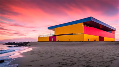 Architectural minimalism capturing intersecting yellow and red walls on a beach, AI generated