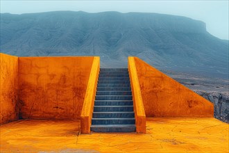 A stark, orange staircase in the midst of a desert landscape under a clear blue sky, AI generated