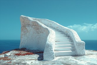Sculptural white staircase eroding near the seaside against a bright blue sky, AI generated
