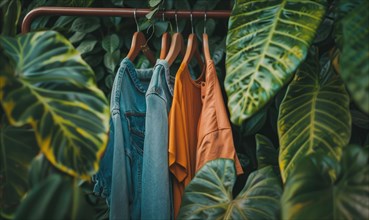 Stylish clothing hanging amongst lush greenery AI generated