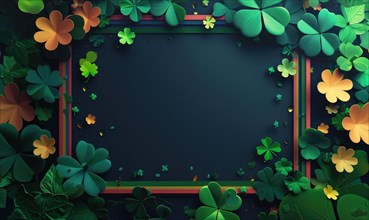 Rich green clovers bordering a slate-colored space glow elegantly against a dark background AI