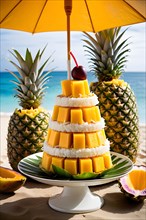 Tropical sorbet tower with layers of mango passion fruit and coconut, AI generated