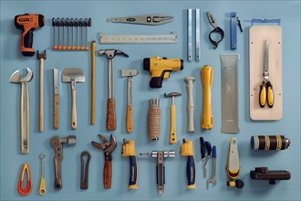 An organized assortment of hand tools displayed from a top view, AI generated