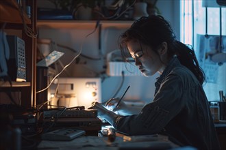A woman is soldering electronics in a dimly lit workshop, illuminated by the glow of her work, AI