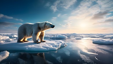Polar bear navigating a shrinking ice floe glistening searching for solid terrain, AI generated