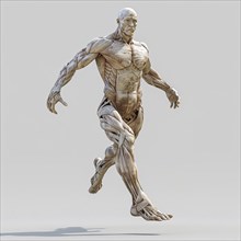 Realistically depicted anatomical model in a dynamic walking pose for movement study, AI generated,