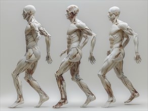 Three skeletons in different walking phases in front of a neutral background, AI generated, AI