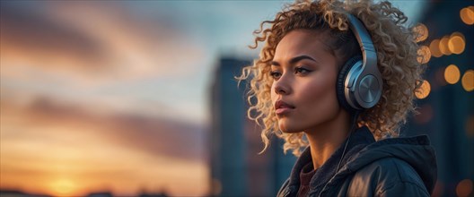 Pensive blonde woman with curly hair and headphones in the soft evening glow of the urban setting,