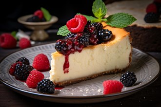 Slice of traditional german cheesecake with rasbberry and blackberry fruits on plate. KI generiert,