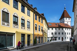 Baeckerstrasse with Illertor, Kempten, Allgaeu, Bavaria, Germany, Europe