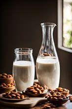 Almond milk cascades into a glass backlight from a sunlit window casting a warm glow on the