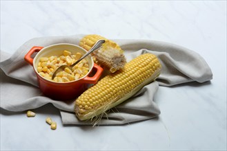 Fresh maize kernels in pots and cobs, corn (Zea mays)