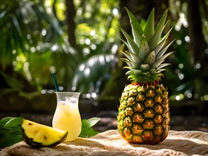 Pineapple as the vessel for a freshly prepared pina colada nestled on a woven picnic blanket, AI