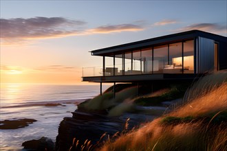 Sleek glass house nestled on a rugged coastline, AI generated, building, architecture, modern