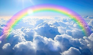 Bright rainbow arching over fluffy clouds against a blue sky AI generated