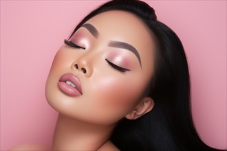 Portrait of beautiful young Asian woman with glamourous pink makeup. KI generiert, generiert AI