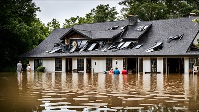 Flood engulfed home with family peering from rising water levels, AI generated