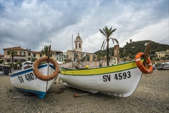 Fishing boats on the beach, Noli, Riviera di Ponente, Liguria, Italy, Europe