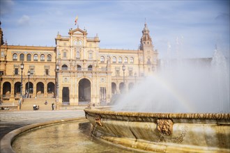 View of Plaza de Espana with fountain, Seville, Andalusia, Spain, Europe