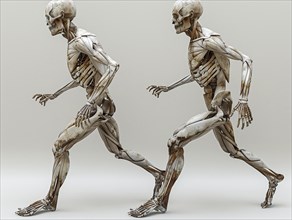 Two skeletons in running pose on a clean, white background, AI generated, AI generated