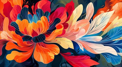 A colorful digital illustration of vivid, dynamic floral patterns with an elegant feel, ai