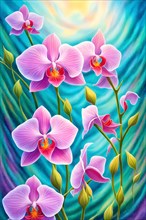 Surrealistic painting of orchids adrift in an ethereal dream scape fusion of natural flora, AI