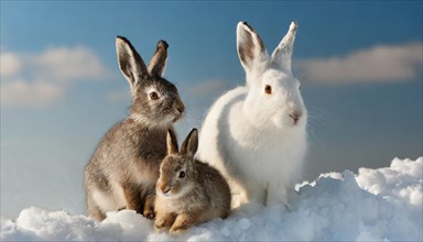 AI generated, A mountain hare and two young in winter, (lepus timidus)