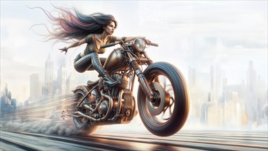 Artwork capturing a woman on a motorcycle with an urban skyline, emphasizing speed and motion, AI