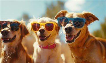 Joyful group of dogs wearing sunglasses against a bright blue background AI generated