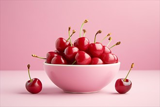 Bowl with cherry fruits on pink background. KI generiert, generiert AI generated
