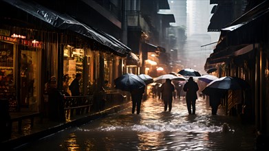 City drainage system overwhelmed by torrential rain water cascading onto flooded streets, AI