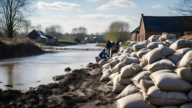 Sandbags piled by volunteers braced against swelling riverbanks, AI generated