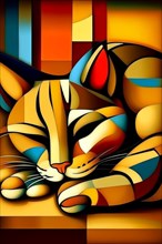 An abstract, cubist-style colorful depiction of a sleeping cat, vertical aspect, AI generated