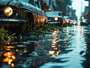 Abandoned cars half submerged in a flooded city street, AI generated