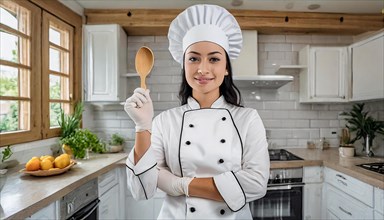 AI generated, An attractive blonde chef in the kitchen of a hotel