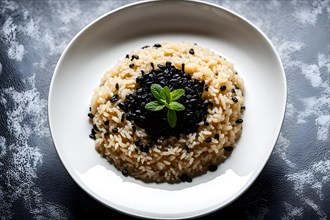 Risotto al nero di seppia creamy rice blackened with squid ink gourmet culinary delight, AI