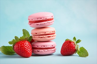 Stack of pink French macaron sweets with macaron fruits on blue studio background. KI generiert,