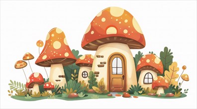 Cozy illustration of a mushroom house in soft, gentle colors with surrounding foliage and stepping