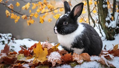 KI generated, A black and white dwarf rabbit in a meadow with autumn leaves, onset of winter, ice,