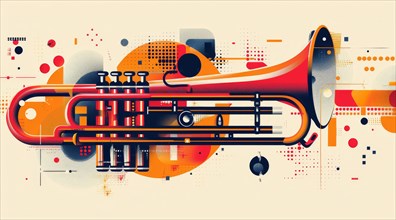Modern artistic depiction of a trumpet with vibrant orange and yellow geometric shapes, ai