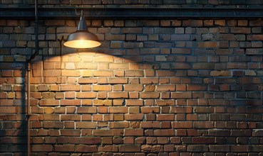 A street lamp casts a peaceful, warm light on a brick wall during the evening time AI generated
