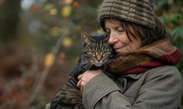 A woman lovingly embraces her tabby cat outdoors during autumn AI generated