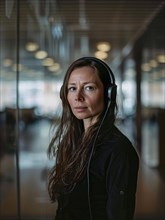 Portrait of a focused woman wearing headphones in a modern office setting, AI generated