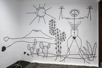 Wall drawing, Jardin de Cactus, Teguise, Lanzarote, Canary Islands, Spain, Europe
